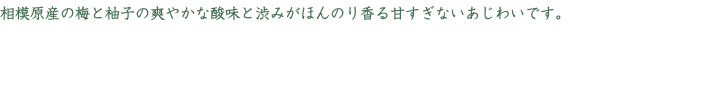 相模原産の梅と柚子の爽やかな酸味と渋みがほんのり香る甘すぎないあじわいです。